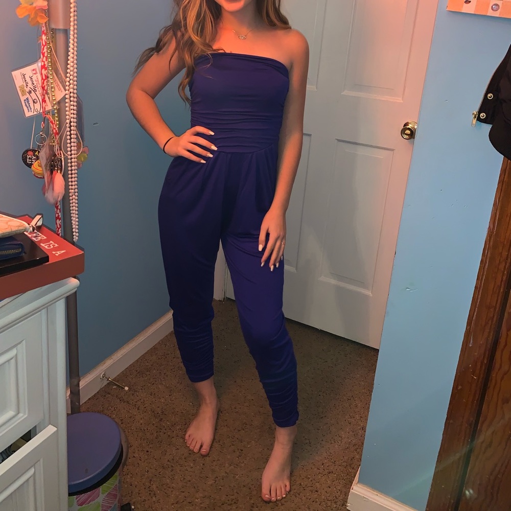 blue jumpsuit, tight